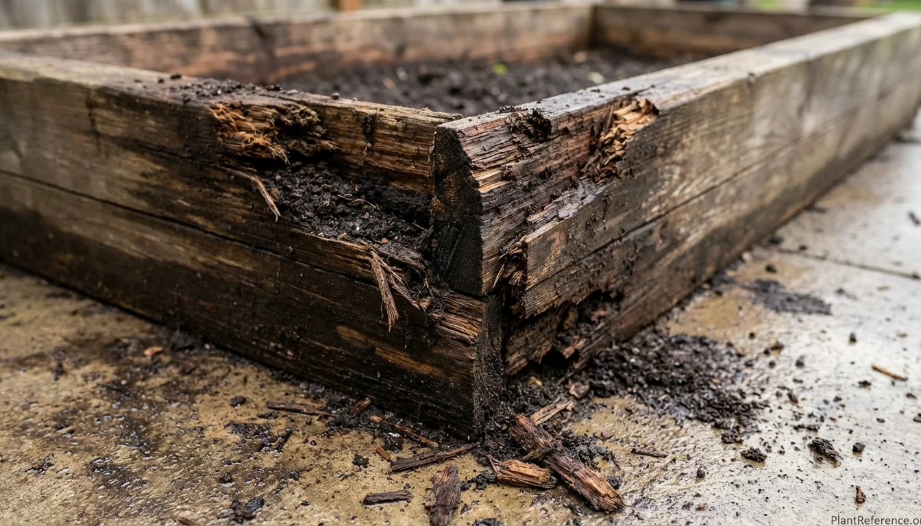 Rotted raised bed wood corner showing decay damage and structural weakness
