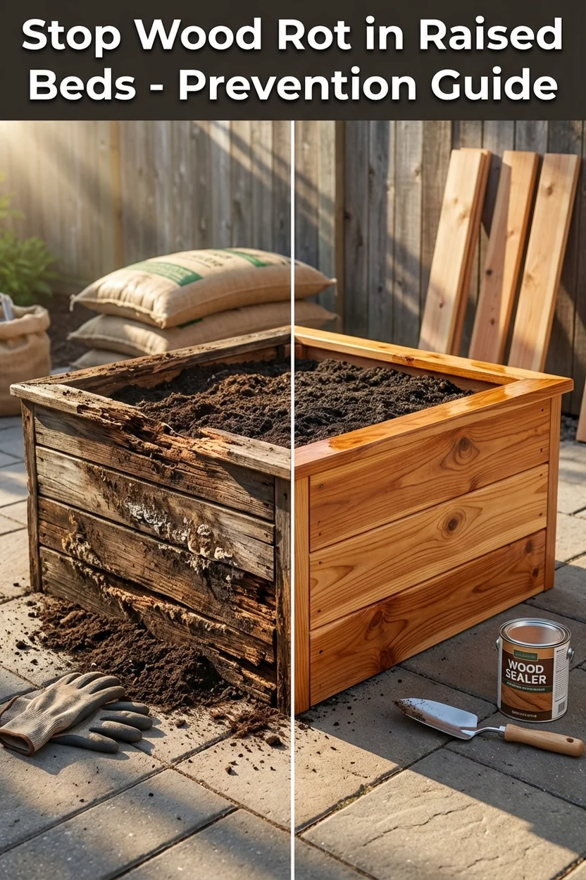 Raised bed wood rot prevention guide showing repair techniques