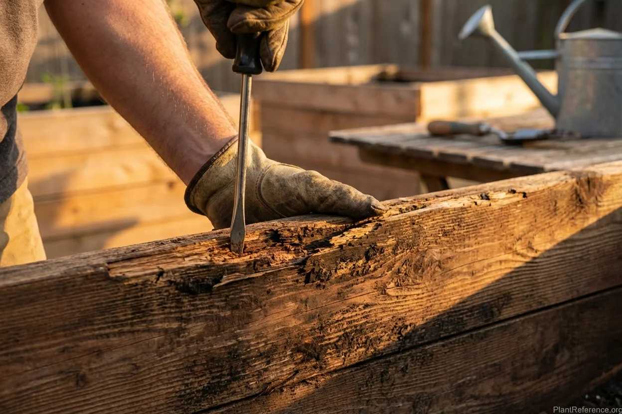 Screwdriver easily penetrating rotted raised bed wood during rot assessment test