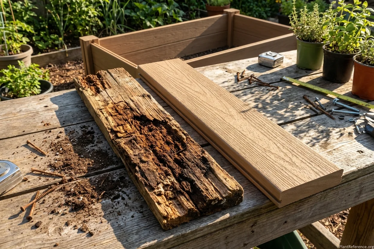Comparison showing rotted cedar board beside new composite lumber replacement board