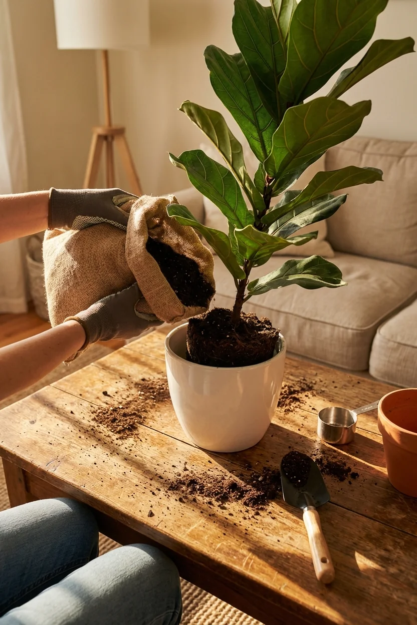 Fresh potting soil being added around fiddle leaf fig roots in new ceramic pot