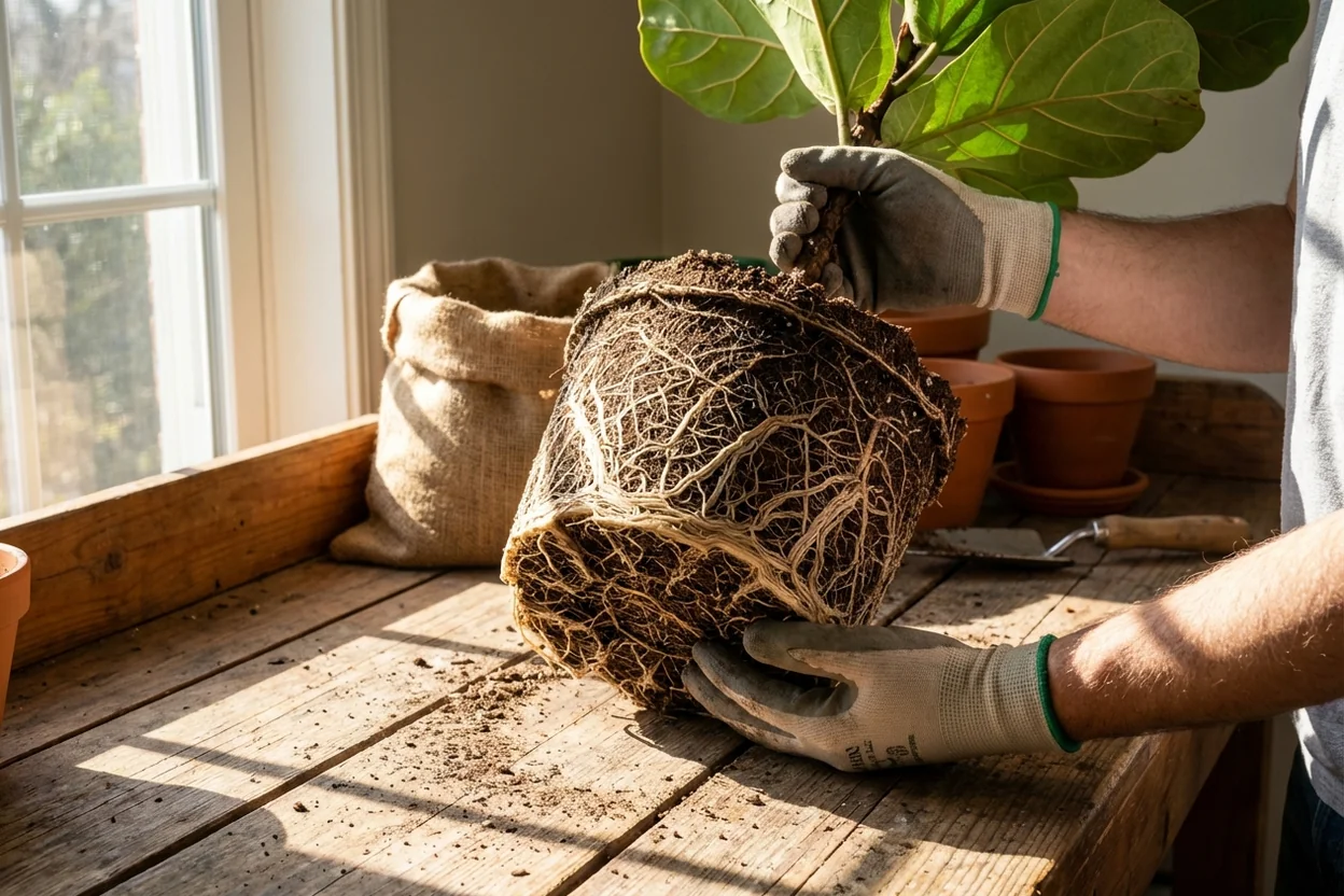 Root-bound fiddle leaf fig showing dense white roots circling the pot