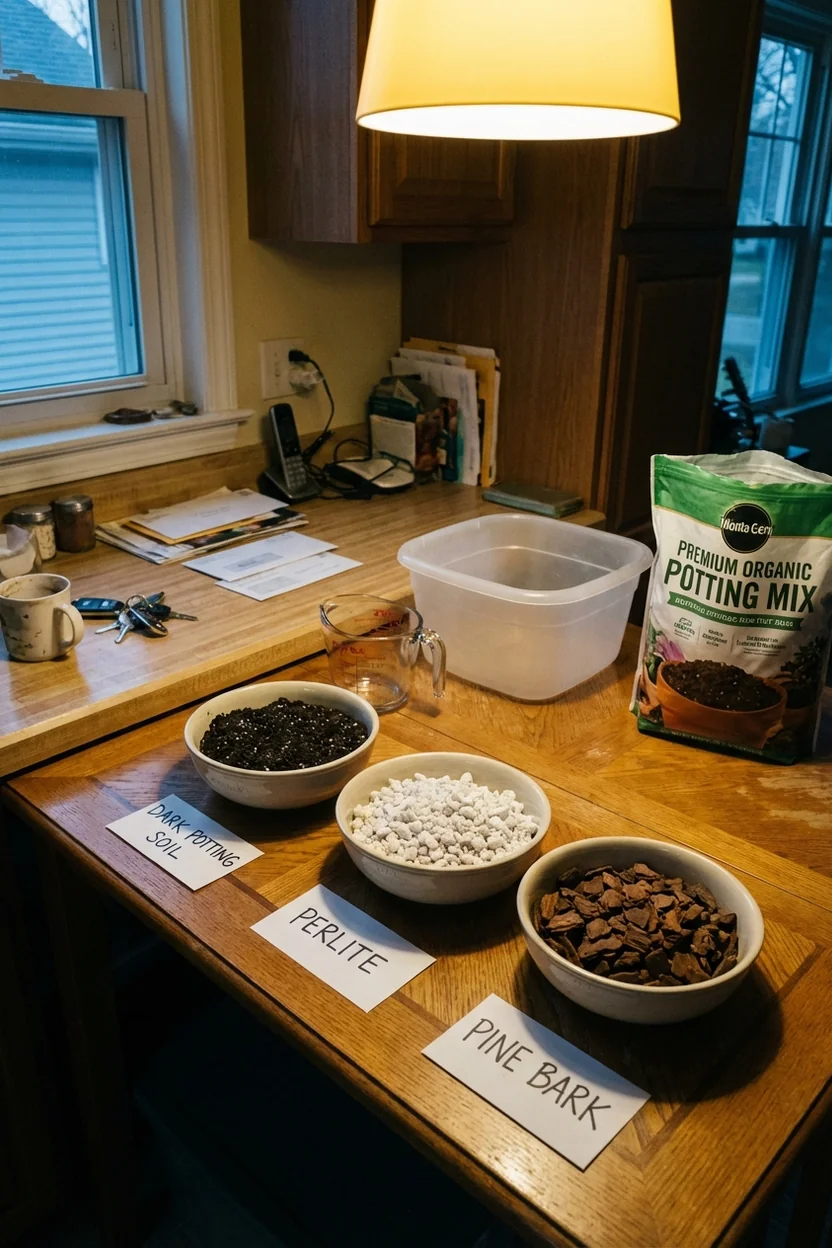 Components for fiddle leaf fig soil mix including potting soil, perlite, and pine bark