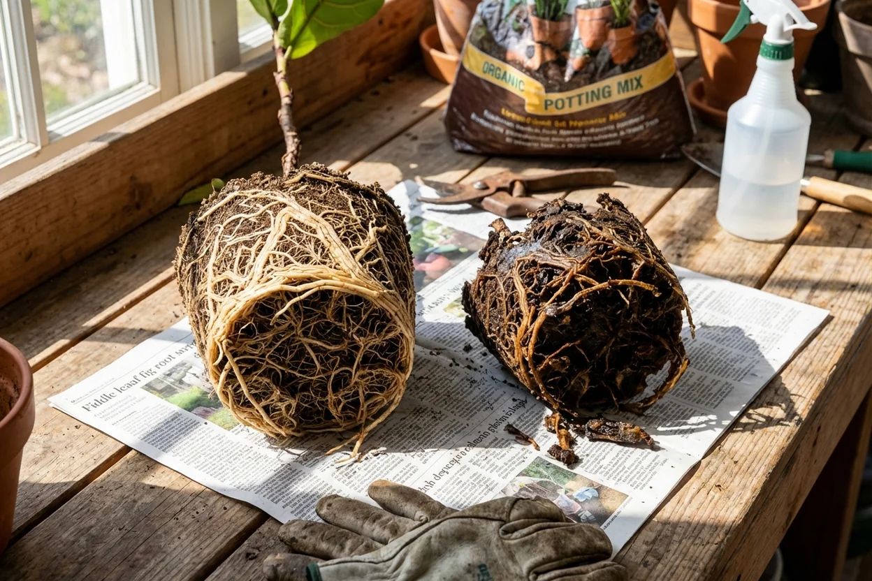 Comparison showing healthy white fiddle leaf fig roots next to brown rotted roots