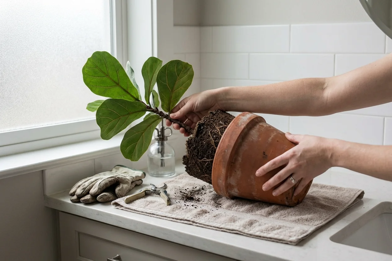 Proper technique for removing fiddle leaf fig from pot without damaging roots