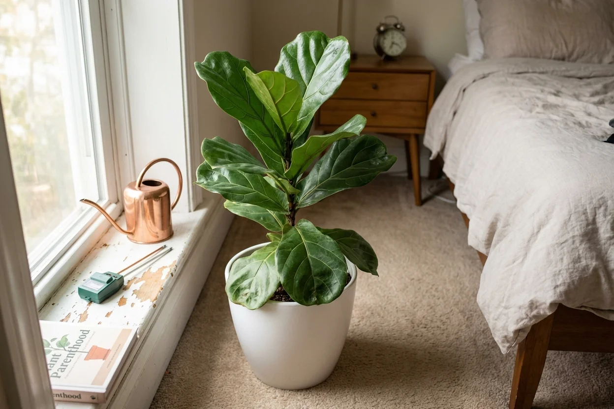Newly repotted fiddle leaf fig positioned in bright indirect window light