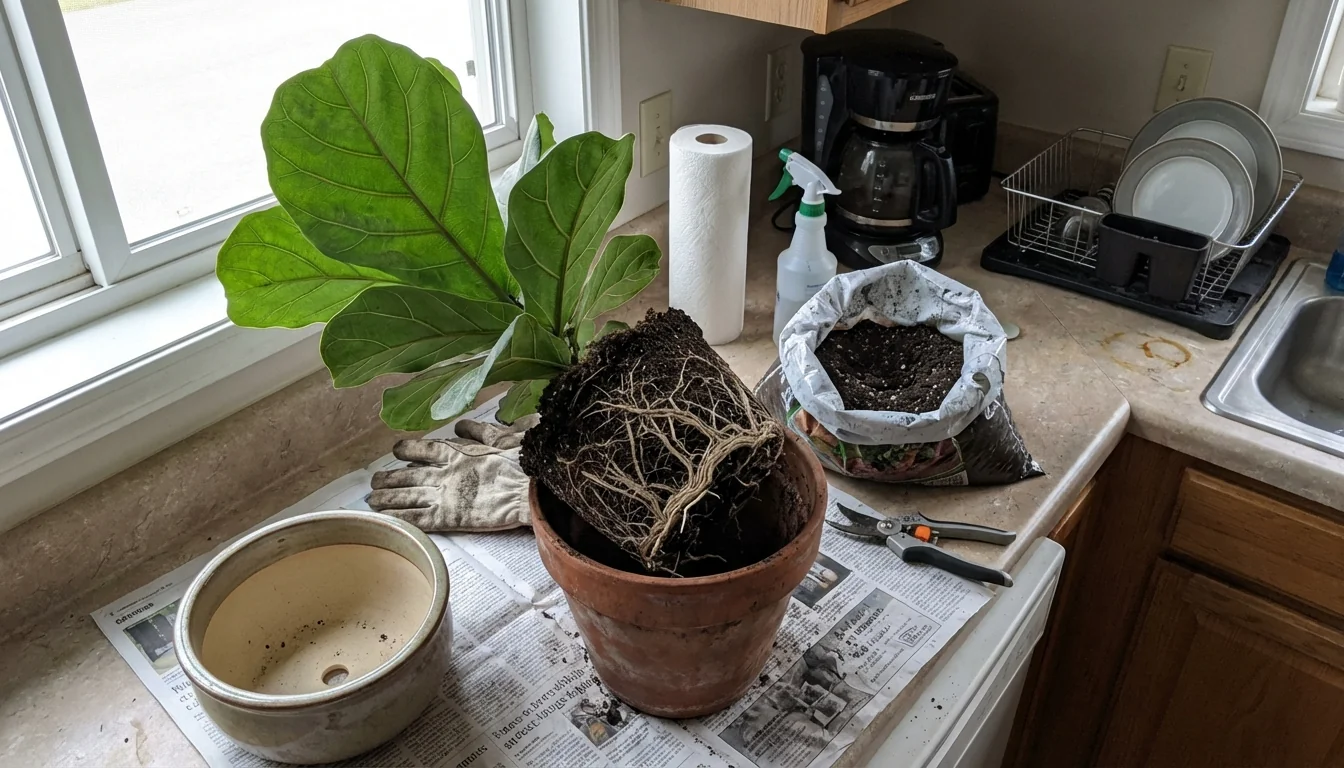 Fiddle leaf fig with healthy white root system being removed from pot for repotting