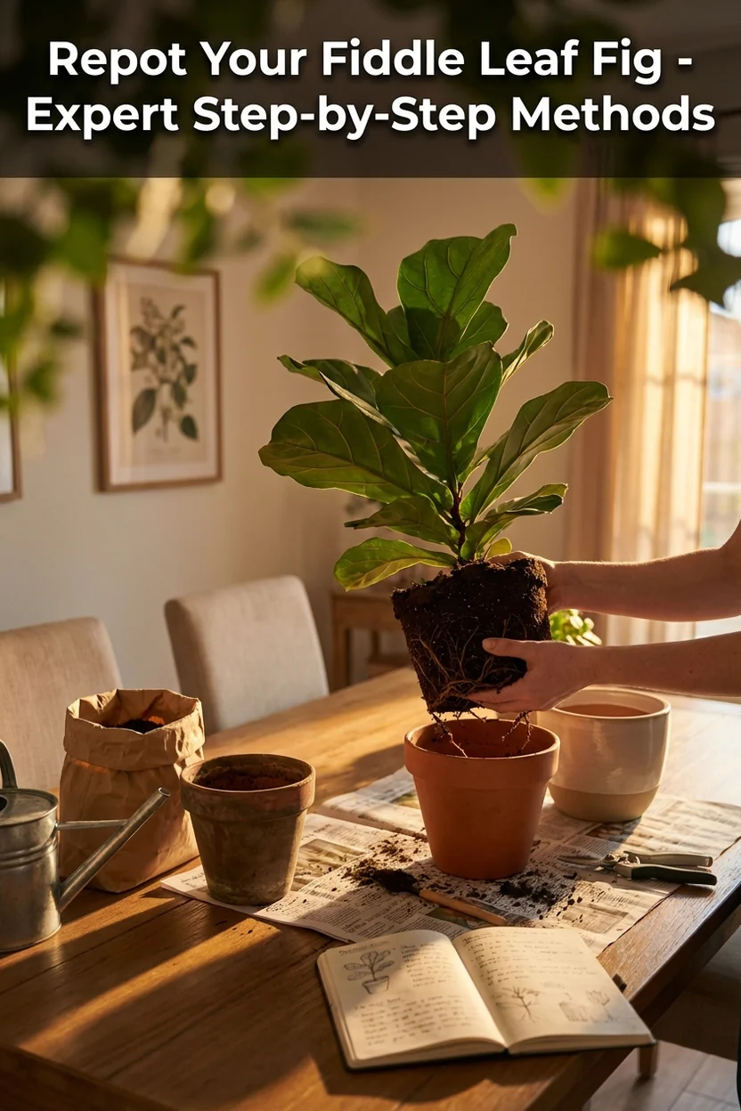 Step-by-step guide showing how to repot a fiddle leaf fig correctly