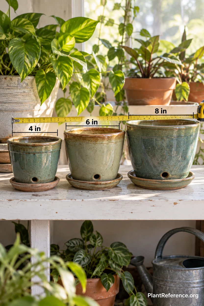 Three ceramic pots in graduated sizes showing correct pot sizing progression for repotting pothos