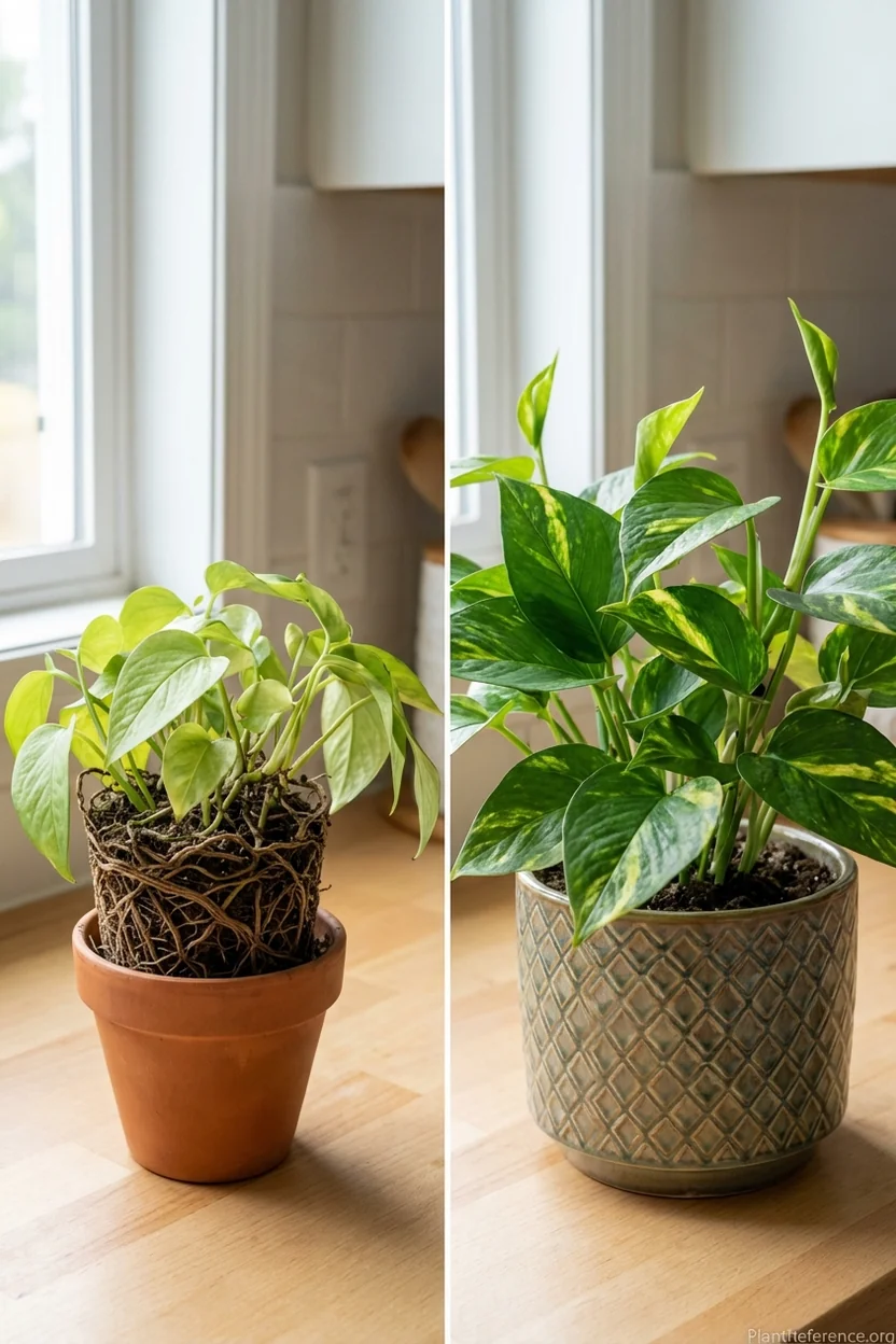 Side-by-side comparison of rootbound pothos before repotting and thriving plant 4 weeks later