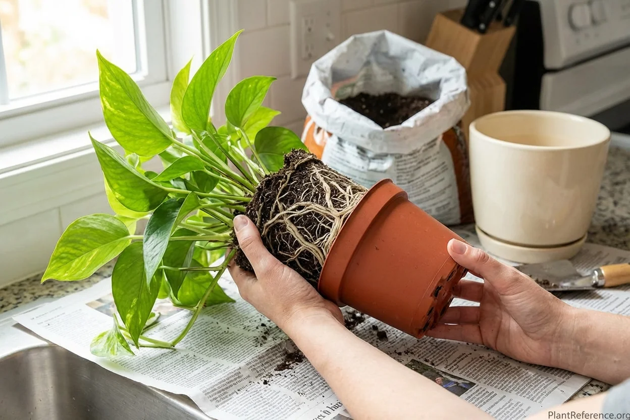 Proper technique for removing rootbound pothos from old pot without damaging root system
