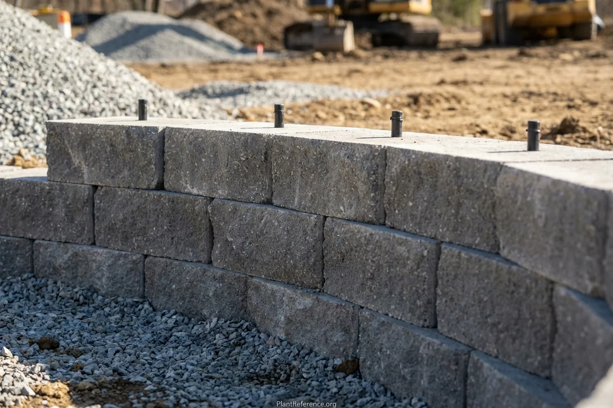Concrete segmental retaining wall blocks showing staggered course layout and backward batter angle in residential installation