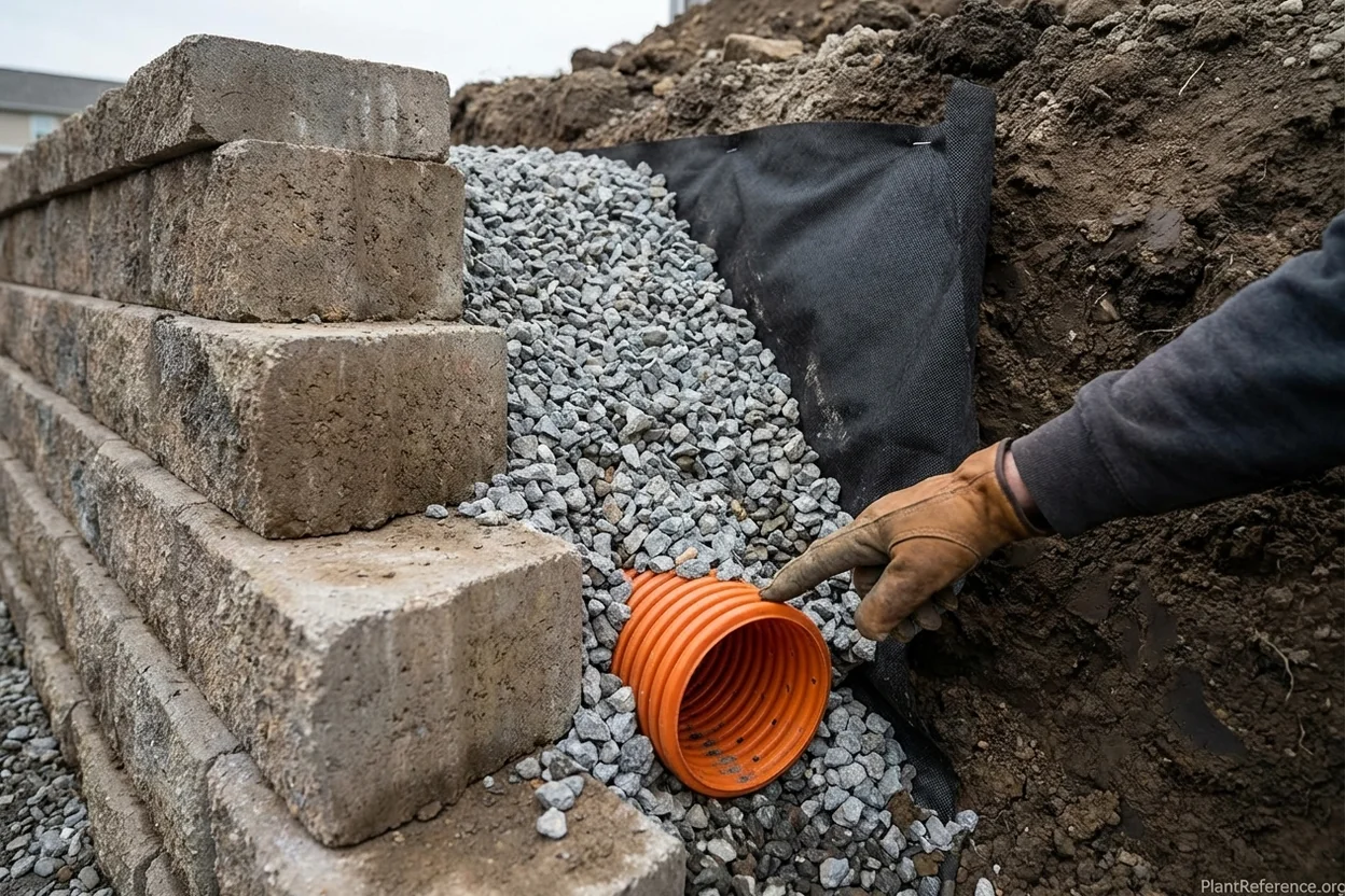 Retaining wall cross section showing drainage gravel zone perforated pipe geogrid and compacted backfill layers