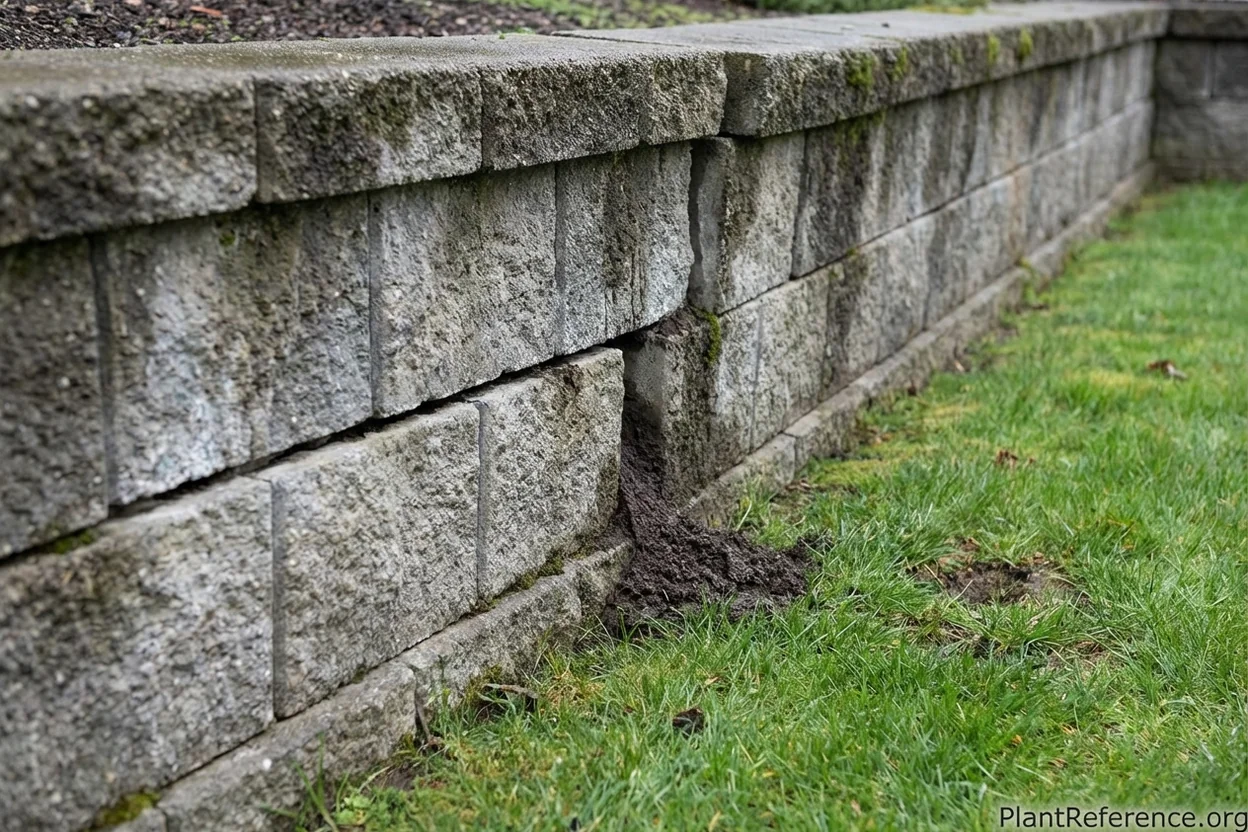Retaining wall showing failure signs including forward lean and horizontal cracking at base requiring repair or rebuild