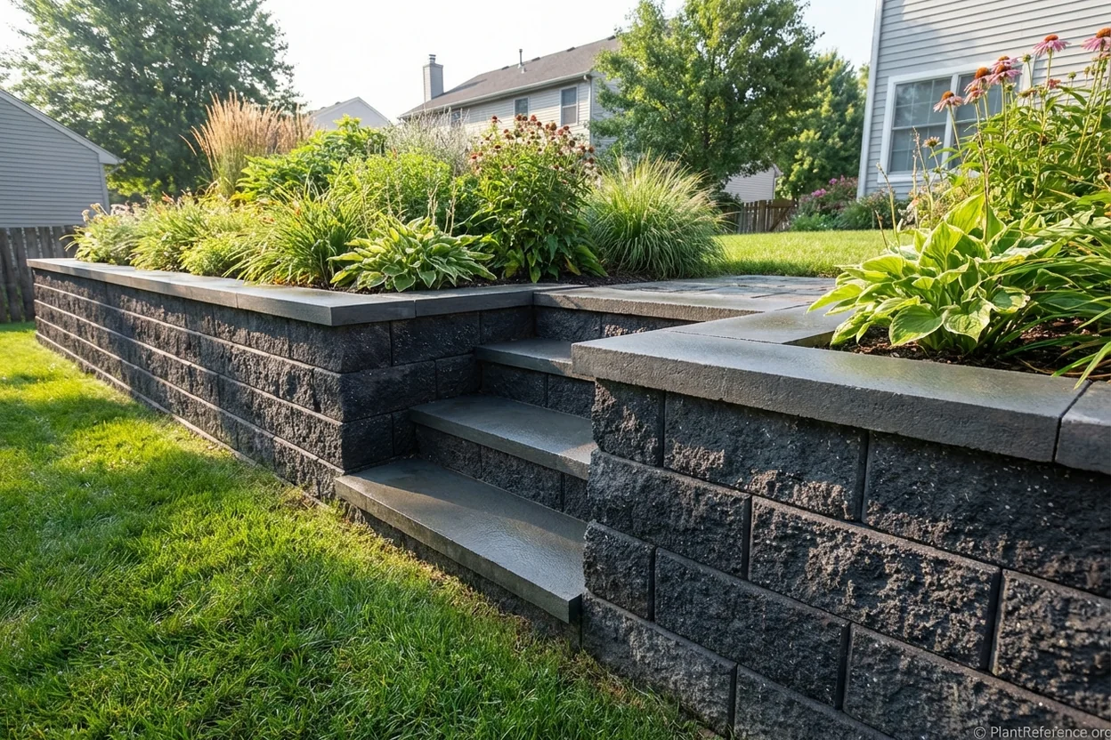 Two tiered concrete segmental retaining wall with integrated stone steps and wide cap as seating wall