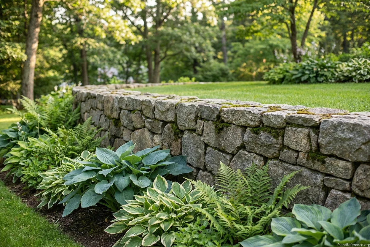 Dry stacked fieldstone retaining wall with established perennial garden in front in residential New England landscape