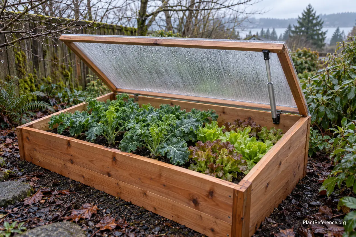 Polycarbonate cold frame protecting winter kale and lettuce in a Pacific Northwest garden