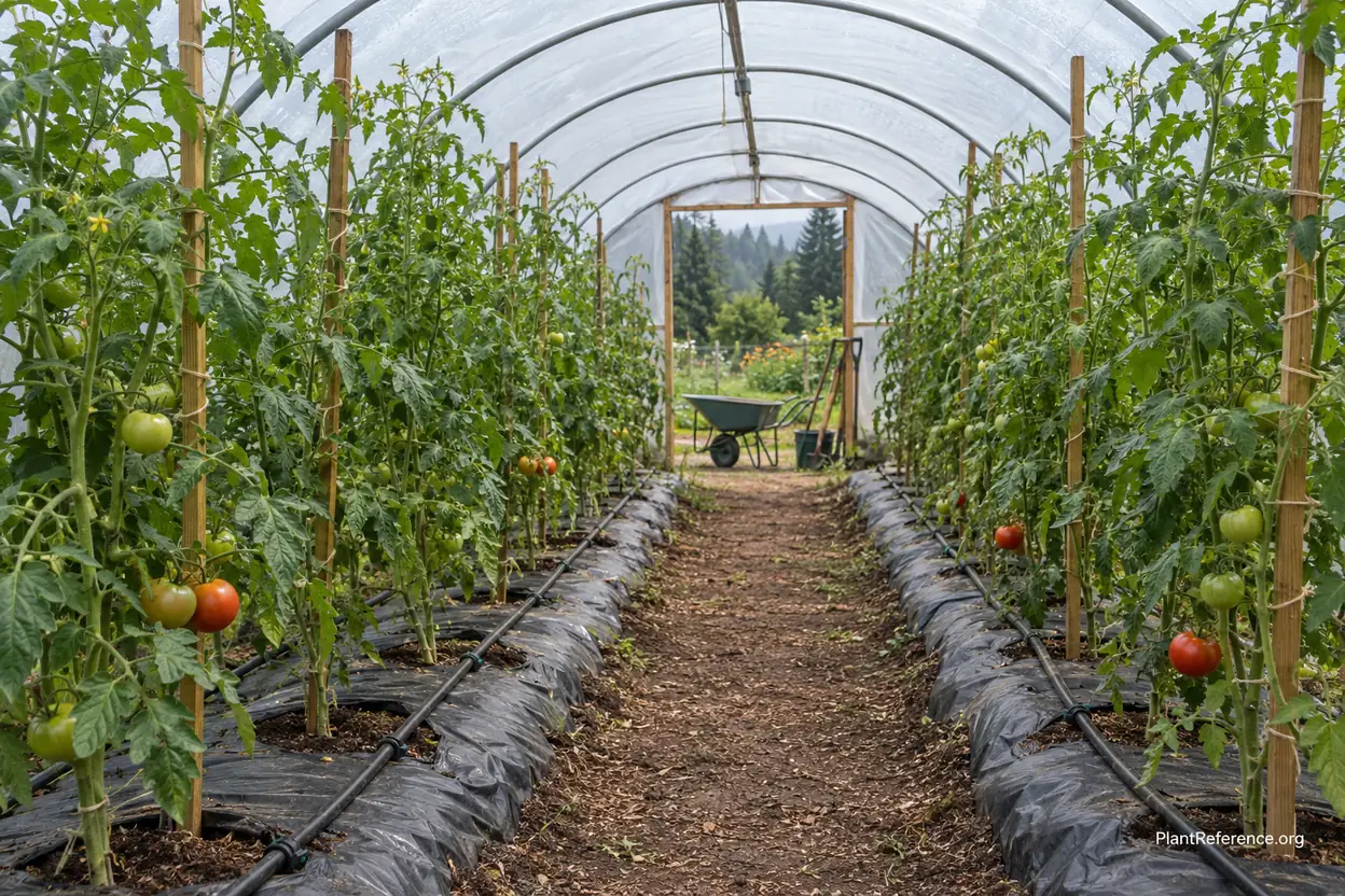 Backyard hoop house ripening tomatoes over black plastic mulch in the Pacific Northwest