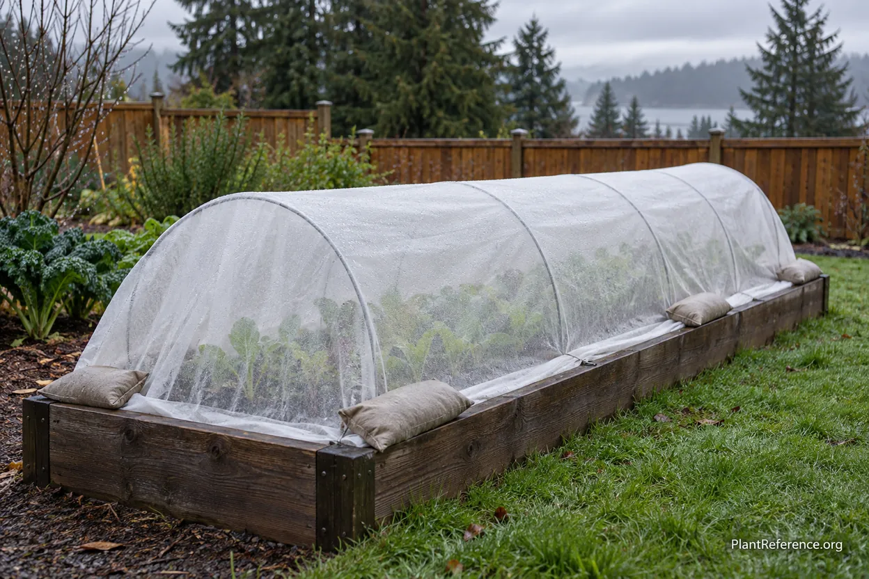 Floating row cover low tunnel protecting vegetables in a Pacific Northwest garden