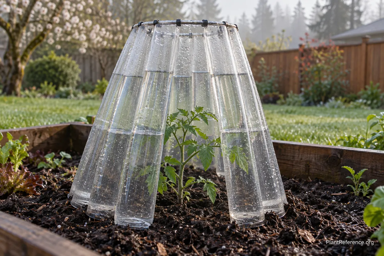 Wall O Water cloche protecting a young tomato plant in a Pacific Northwest spring garden