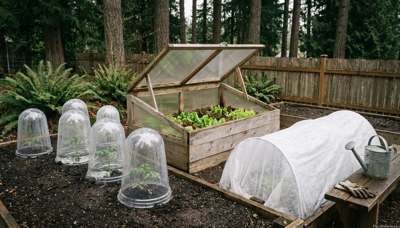 Cloches, cold frame, and row covers extending the growing season in a Pacific Northwest garden