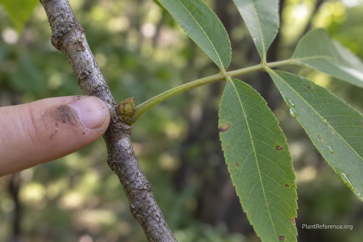 Finger pointing to a single axillary bud at the base of a compound hickory leaf on a twig