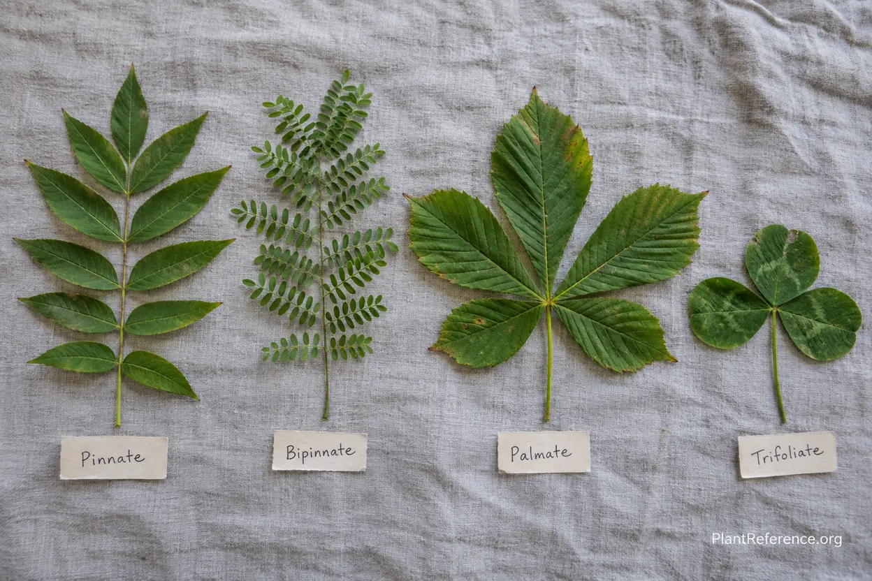 Pinnate, bipinnate, palmate, and trifoliate compound leaves arranged side by side for comparison