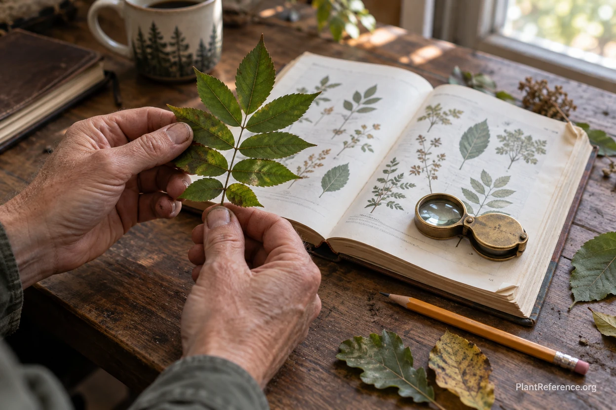 Hands using a field guide and hand lens to key out whether a leaf is simple or compound