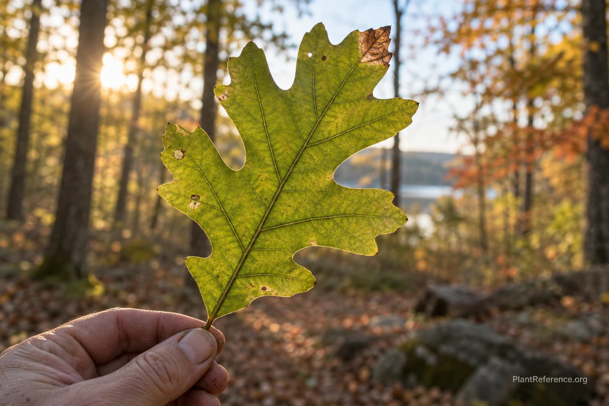 Deeply lobed oak leaf held to the light showing one continuous blade despite deep cuts