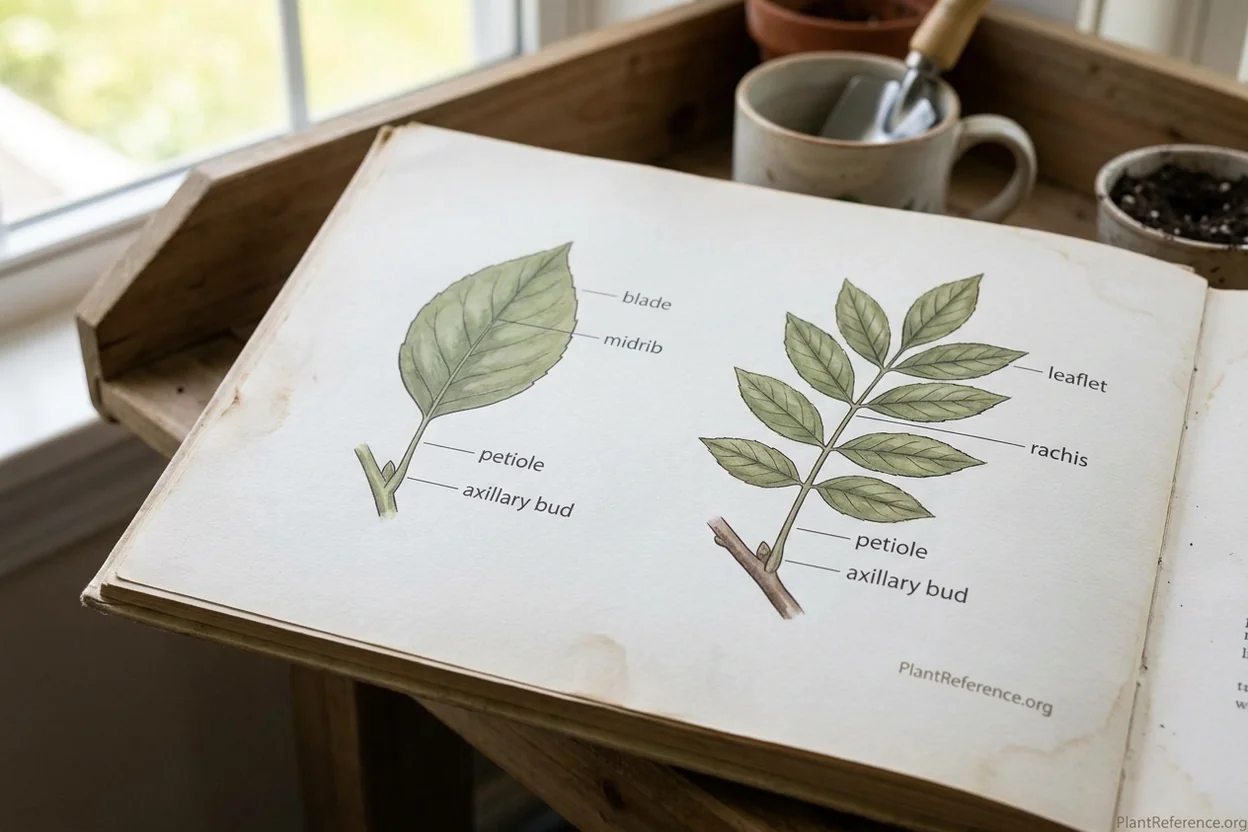 Labeled botanical diagram comparing simple leaf blade and petiole with compound leaf leaflets and rachis