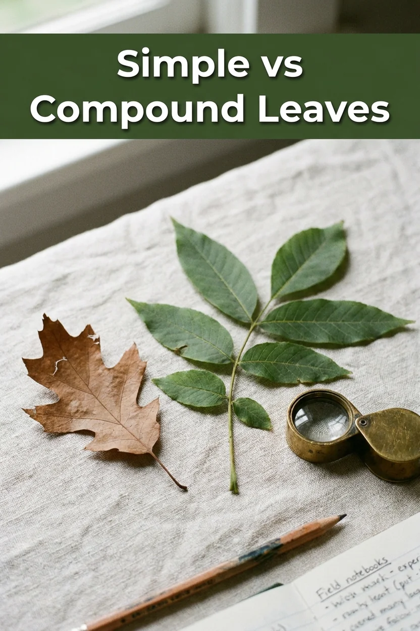Simple vs compound leaves identification guide showing axillary bud test for beginners
