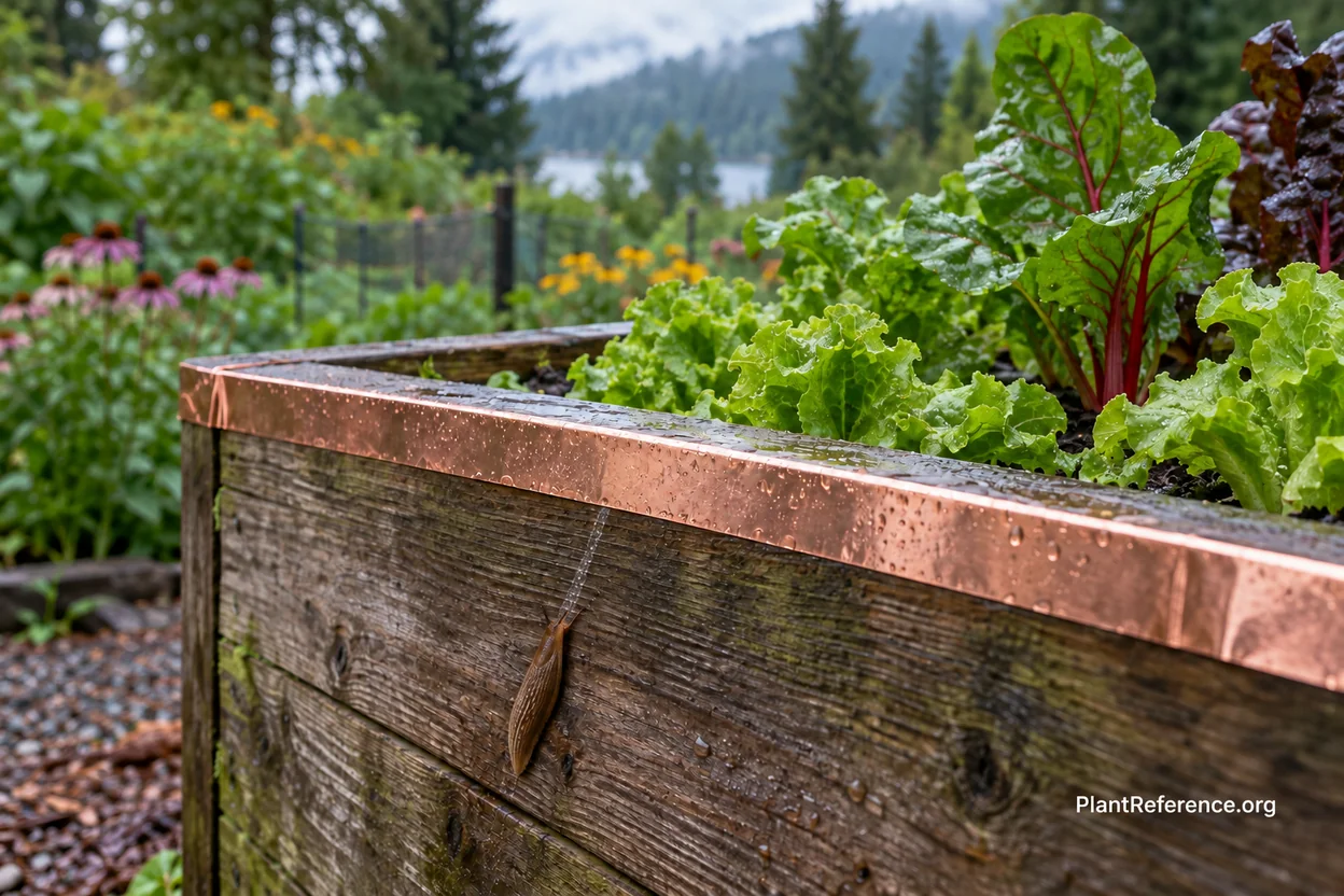 Copper tape barrier around a cedar raised bed to deter slugs in a PNW garden