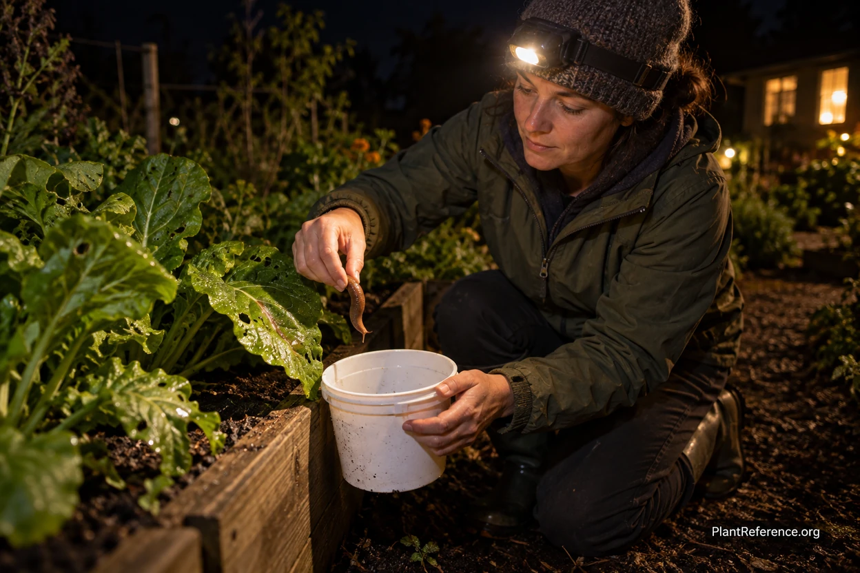 Gardener hand-picking slugs at night with a headlamp in a PNW garden