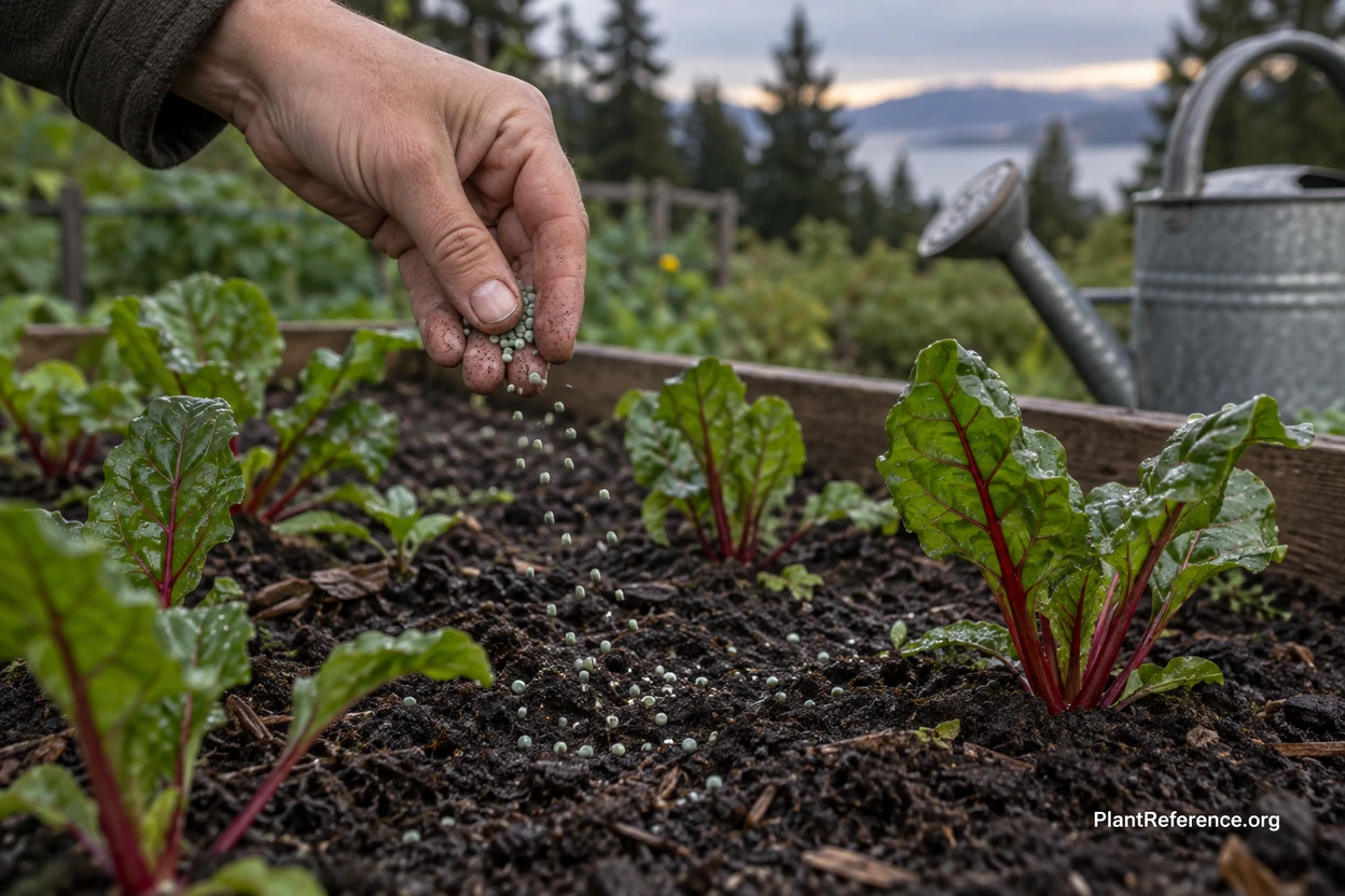 Hand scattering iron phosphate slug bait pellets around seedlings in a PNW bed