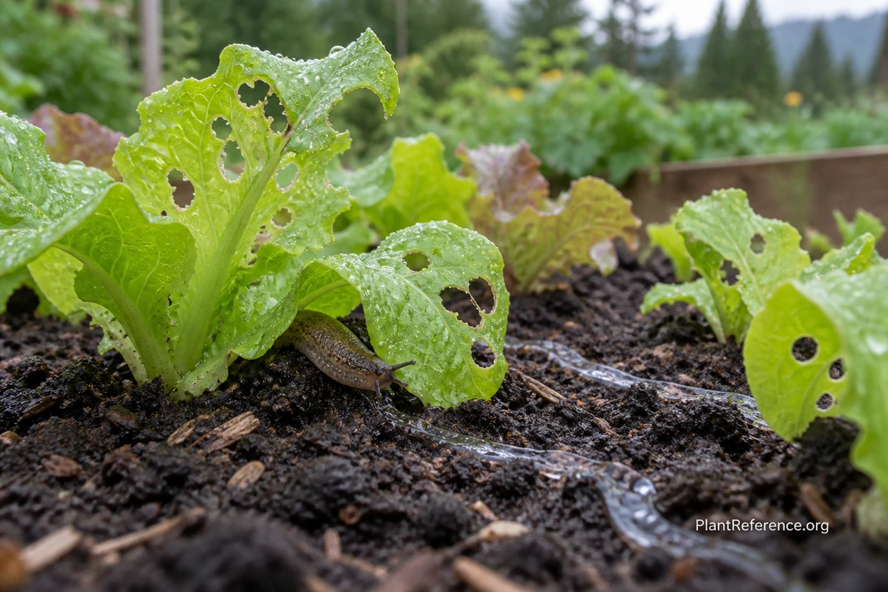 Slug damage on young lettuce seedlings in a Pacific Northwest raised bed