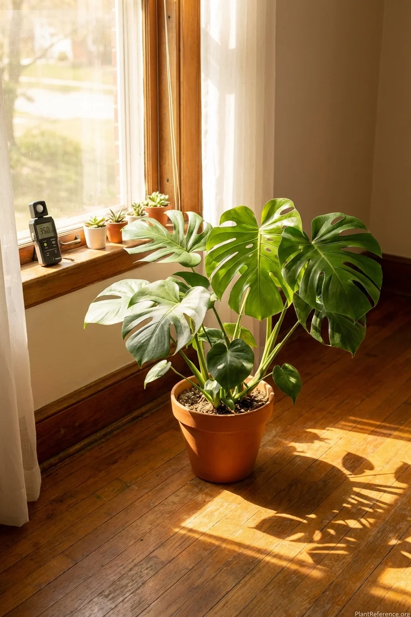 Monstera near bright window with light meter showing optimal growing conditions