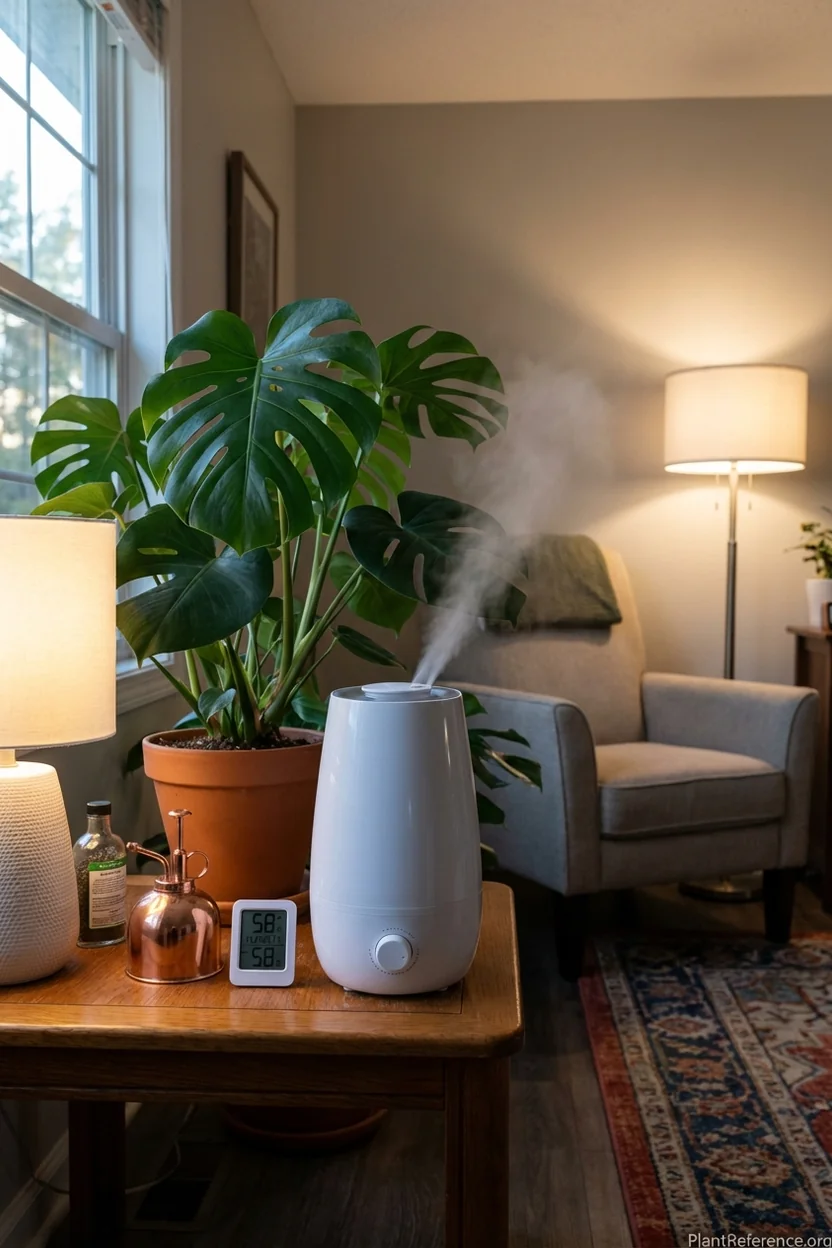 Humidifier and humidity meter showing optimal growing conditions for large monstera leaves