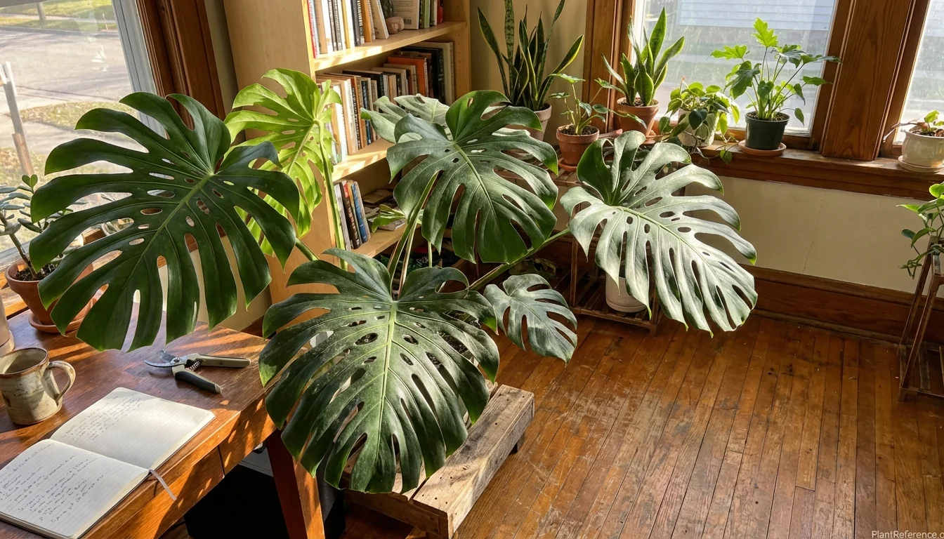 Large monstera leaves with fenestrations showing proper growth near bright window