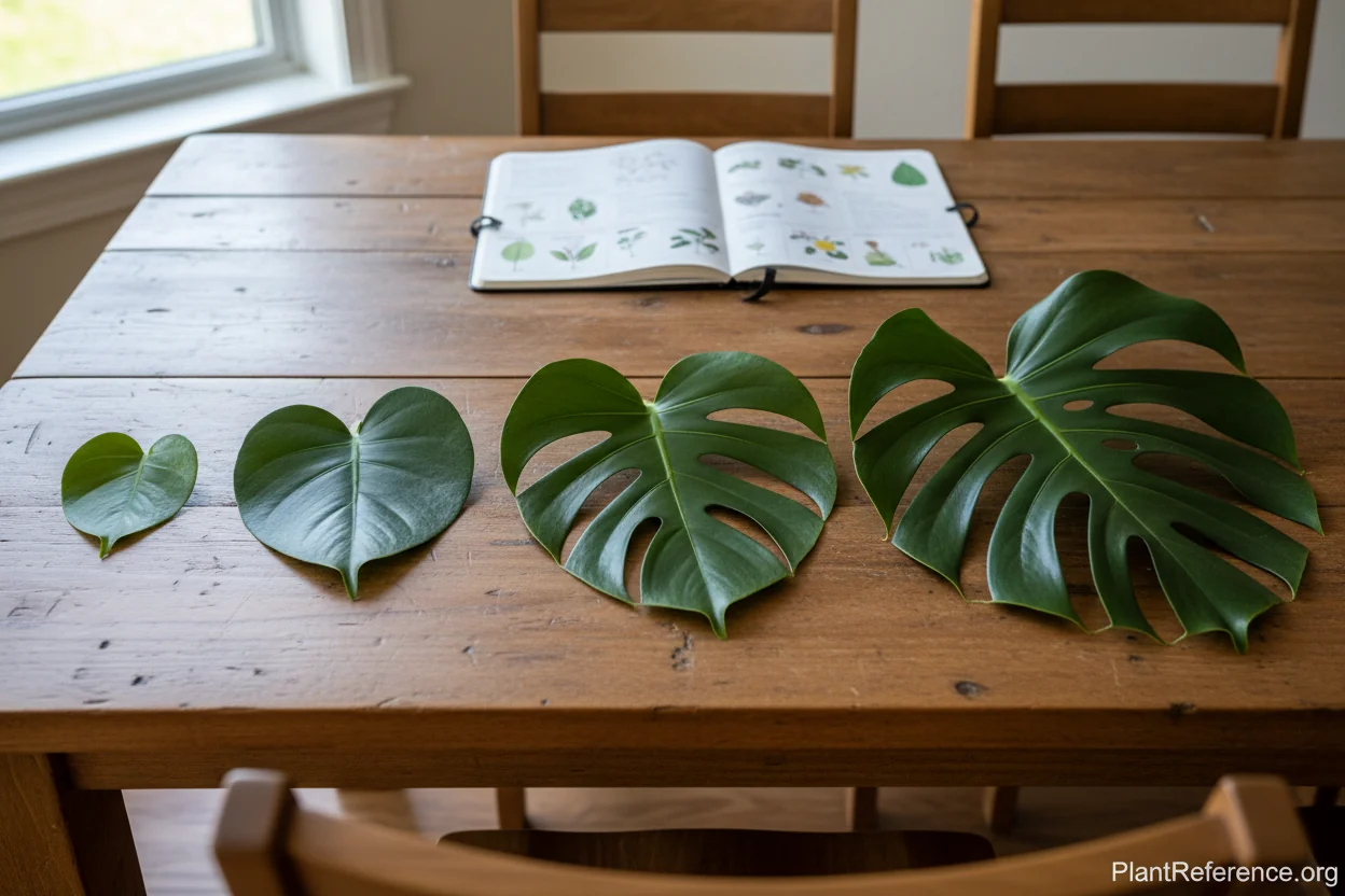 Monstera leaf development showing progression from small solid to large fenestrated