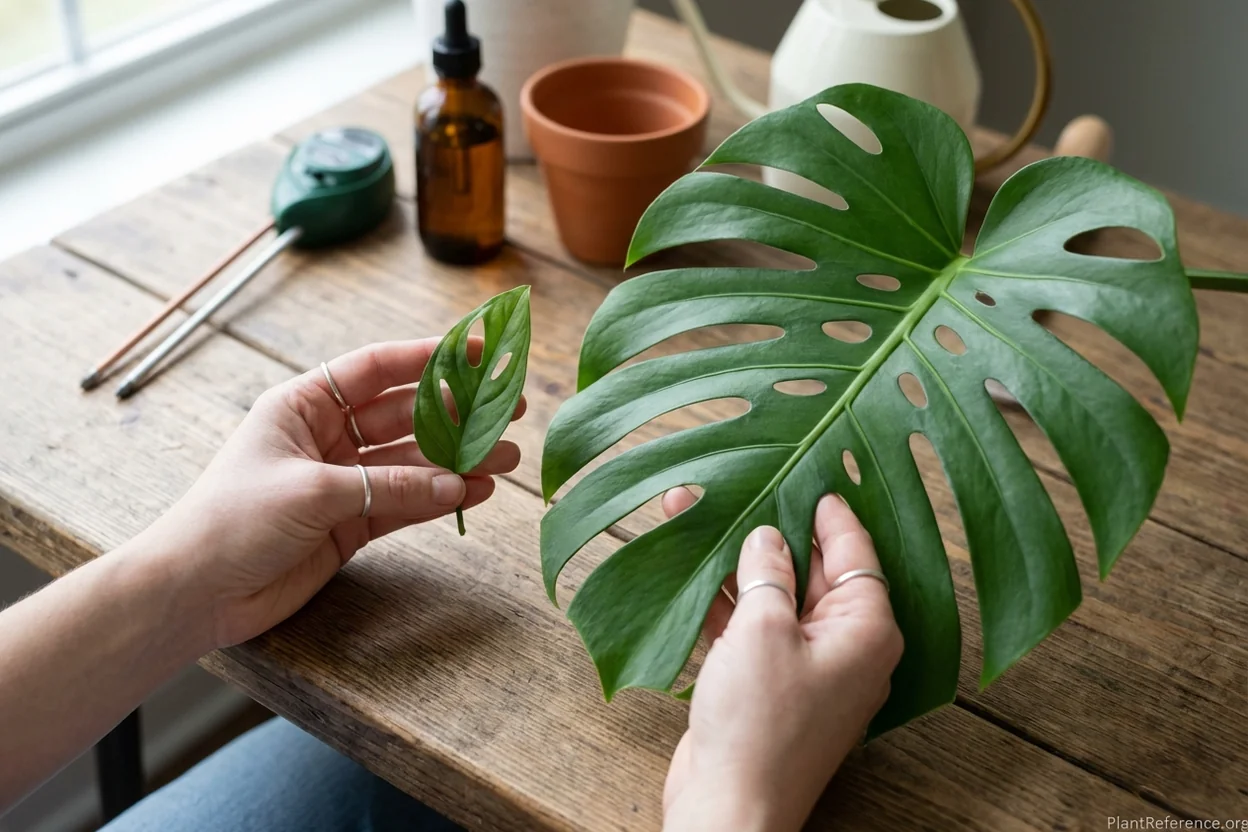 Small monstera leaf compared to large fenestrated leaf showing dramatic size difference