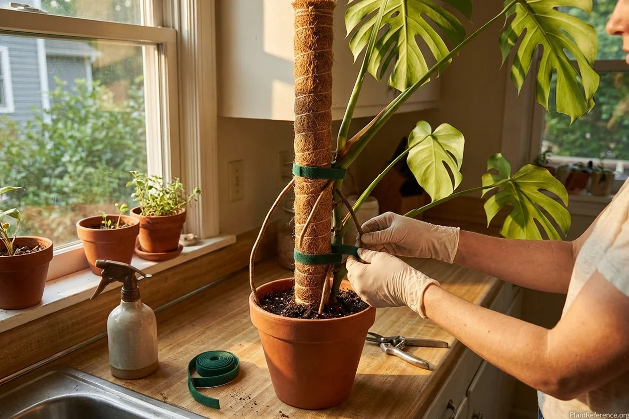 Monstera with moss pole showing aerial root training for larger leaf growth