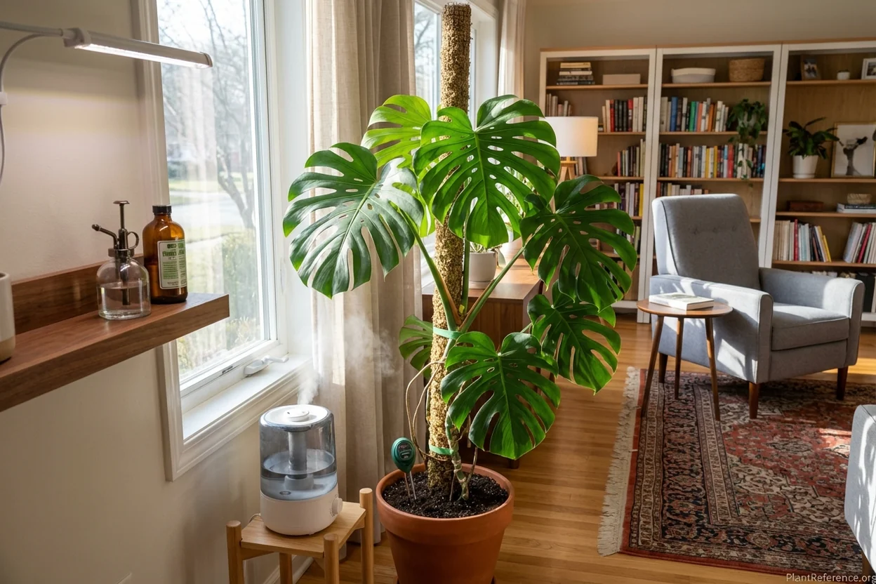 Ideal monstera growing setup with proper light, support, and humidity for large leaves