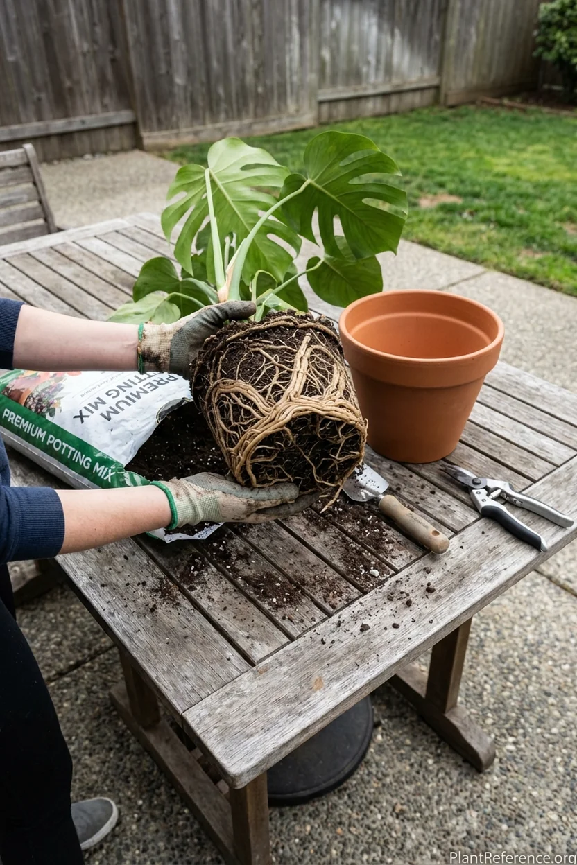 Rootbound monstera roots being examined during repotting process