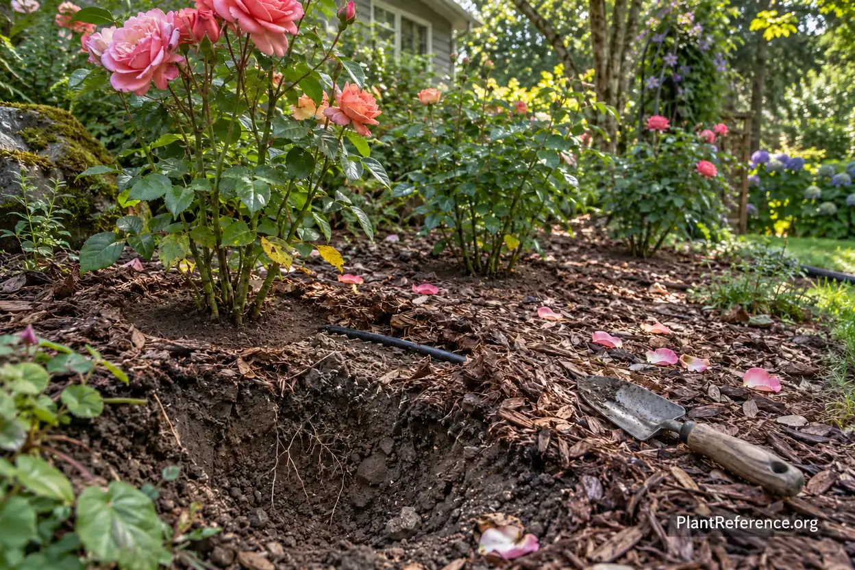 Mulched rose bed maintaining soil structure and drainage