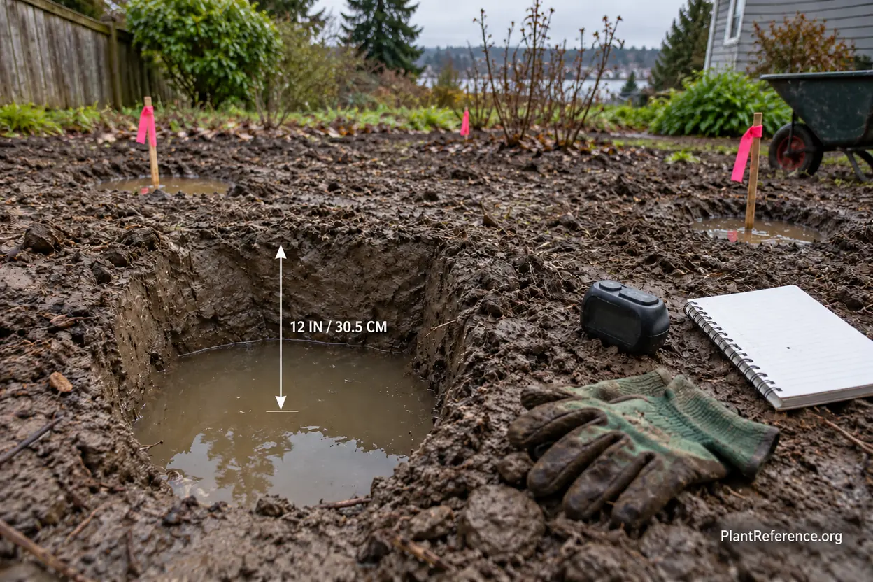 Testing clay soil drainage before preparing a rose bed