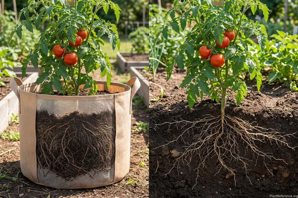 Container tomato root system compared to ground planted showing limited spread and need for external support
