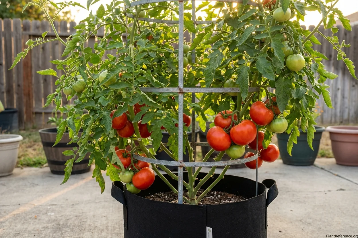 Mature indeterminate tomato plant in container with proper staking showing heavy fruit production and plant stability