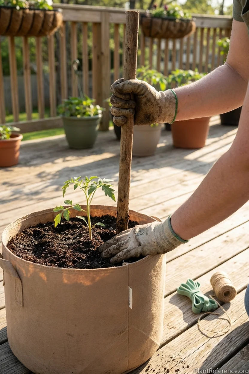 Hands demonstrating proper tomato staking installation showing stake placement depth and tie techniques