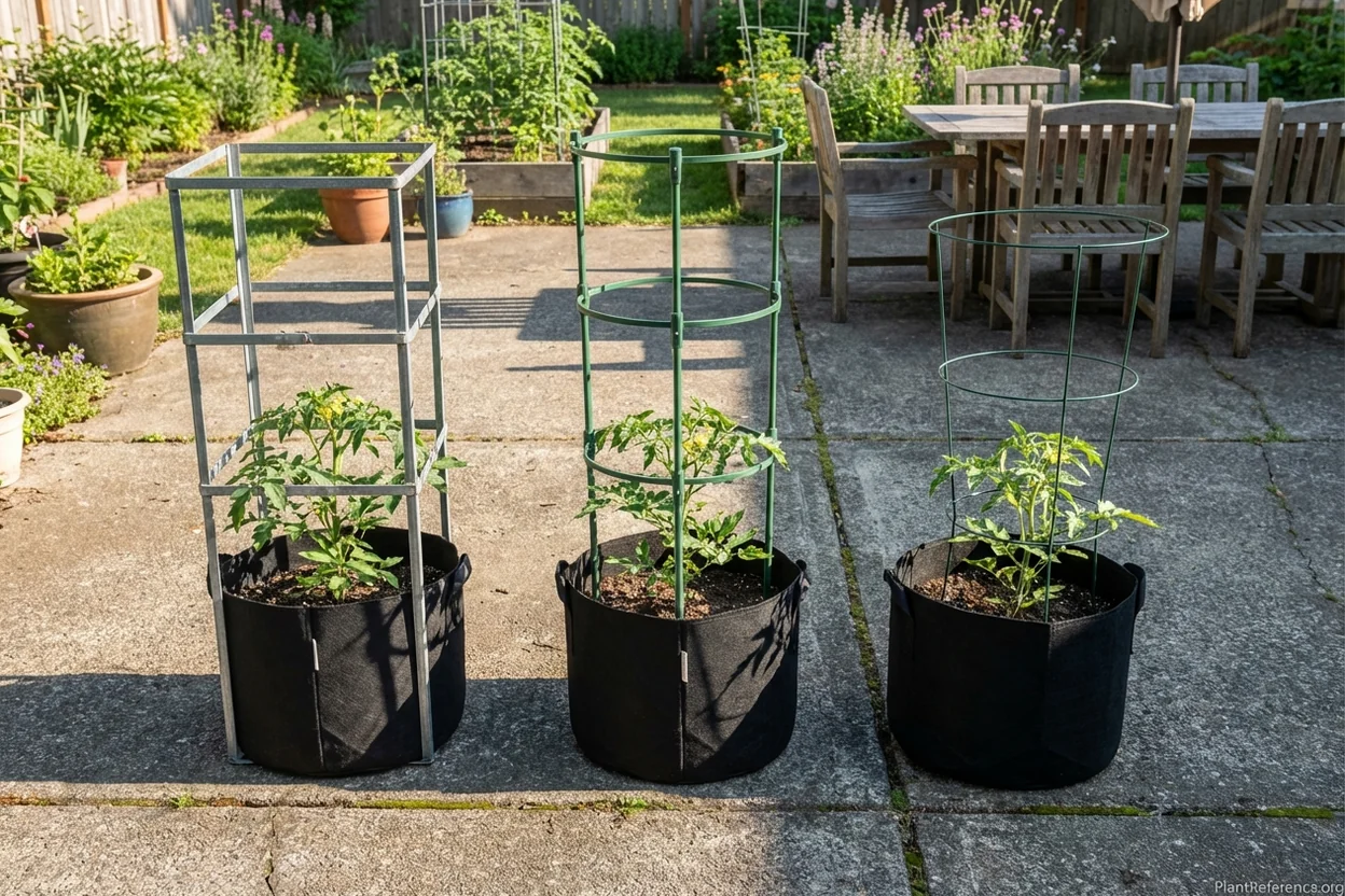 Different tomato cage types compared in containers showing heavy-duty versus standard options for container growing
