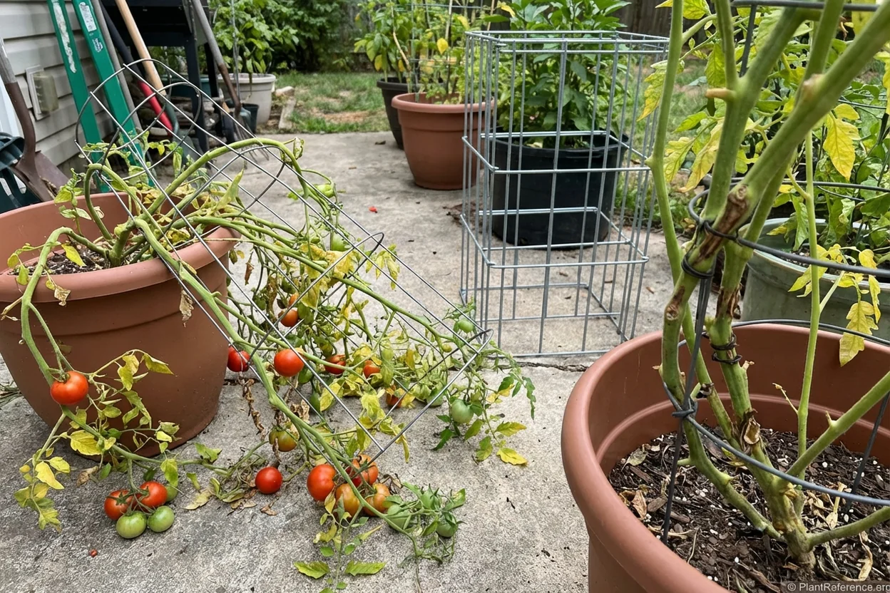 Common tomato staking mistakes in containers showing failed lightweight cages and damaged plants from improper support